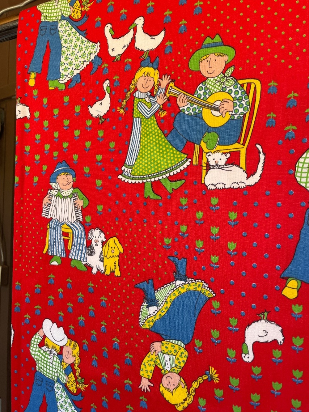 Vintage 1970s  Cotton Fabric – Dancing Couples & Geese on Red - Vintage like new